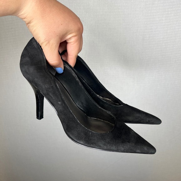Nine West Shoes - Nine West Black Suede Pointed Toe Pumps Patent Stiletto Heel Womens 8.5 M